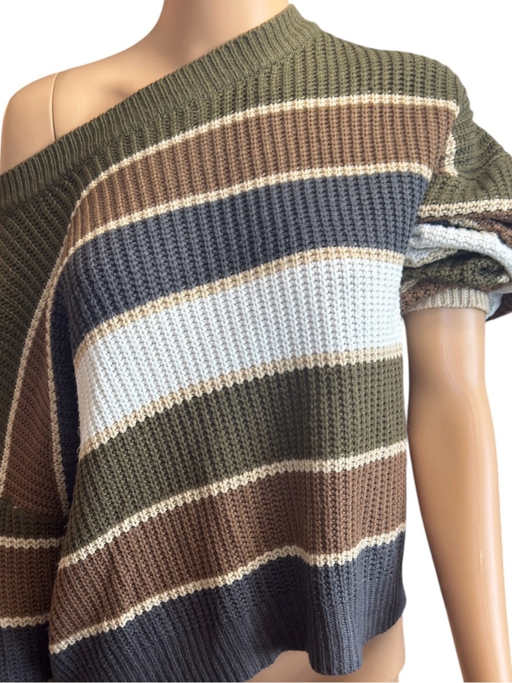 Striped Off-Shoulder Knit Sweater in Olive, Brown & White - Picture 11 of 11